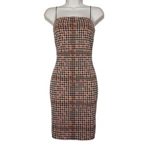 MISTYROSE Houndstooth Plaid Print Orange Black Cream Retro Sheath Dress L NWT
